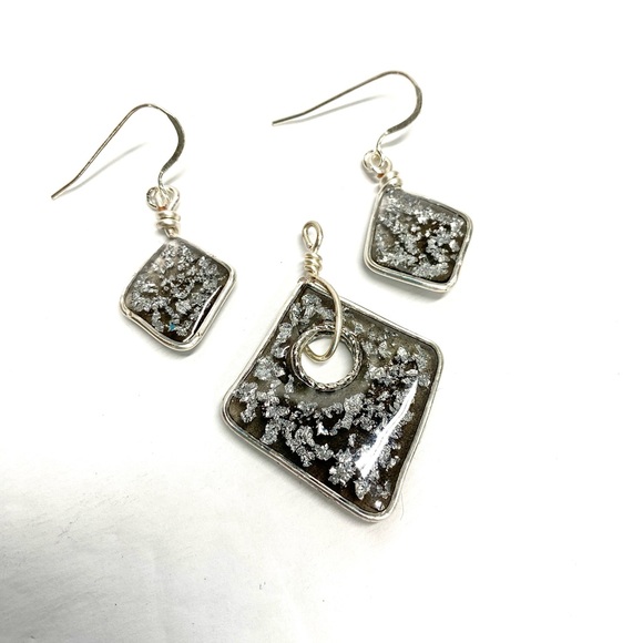 HANDMADE Silver Leaf Geometric Resin Art Jewelry Set - Picture 2 of 10